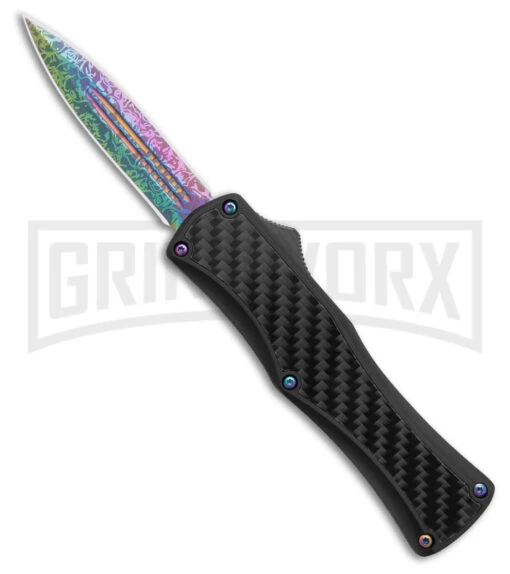 Edgeworks Carbon Fiber OTF Auto Knife Dagger - Rainbow Damascus Finish) -AKC Knife Shop Edgeworks Carbon Fiber OTF Auto Knife Dagger 3in Rainbow Damascus GX 42359 td large