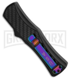 Edgeworks Carbon Fiber OTF Auto Knife Dagger - Rainbow Damascus Finish) -AKC Knife Shop Edgeworks Carbon Fiber OTF Auto Knife Dagger 3in Rainbow Damascus GX 42359 td side large