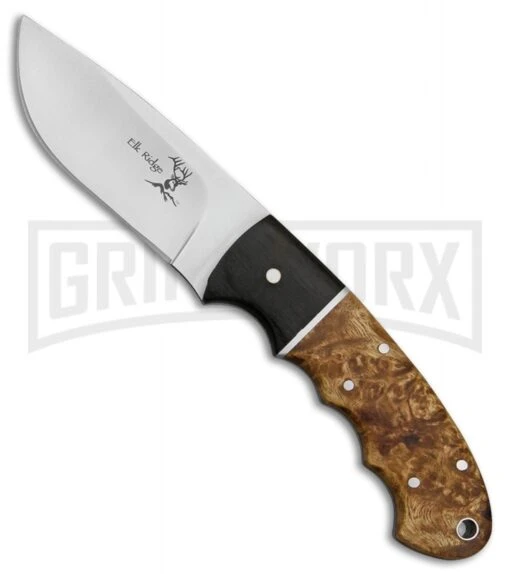 Elk Ridge Pitfall Burl Wood Fixed Blade Knife - Satin Plain -AKC Knife Shop Elk Ridge Pitfall burl wood satin BP 24804 jr large