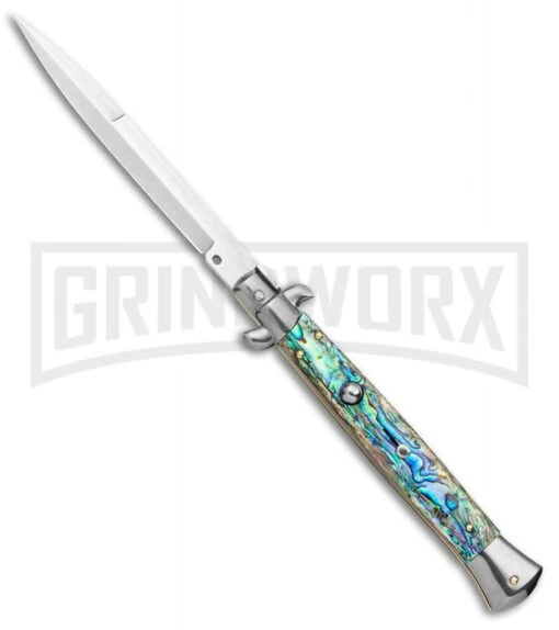 Frank B 11" Italian Stiletto Bayo Abalone Auto Knife - 5" Satin Plain -AKC Knife Shop Frank B 11in Italian Stiletto Abalone Auto Bayo Satin GX 8291 jr large