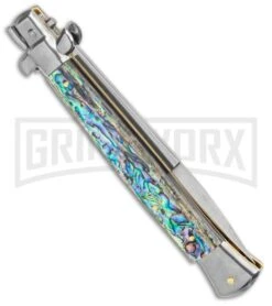 Frank B 11" Italian Stiletto Bayo Abalone Auto Knife - 5" Satin Plain -AKC Knife Shop Frank B 11in Italian Stiletto Abalone Auto Bayo Satin GX 8291 jr side large