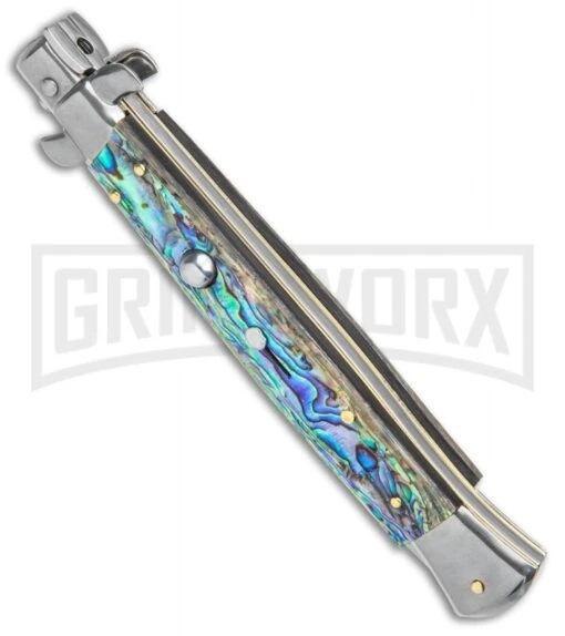 Frank B 11" Italian Stiletto Bayo Abalone Auto Knife - 5" Satin Plain -AKC Knife Shop Frank B 11in Italian Stiletto Abalone Auto Bayo Satin GX 8291 jr spine large