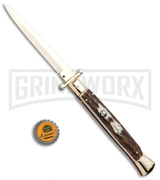 Frank B. 11" Stag Italian Stiletto Swinguard Gold Plated - Bayonet Gold -AKC Knife Shop Frank B 11in Italian Stiletto Swinguard Stag Gold Bayo GX 5357 jr bottlecap large