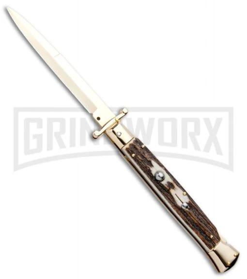 Frank B. 11" Stag Italian Stiletto Swinguard Gold Plated - Bayonet Gold -AKC Knife Shop Frank B 11in Italian Stiletto Swinguard Stag Gold Bayo GX 5357 jr large