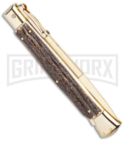 Frank B. 11" Stag Italian Stiletto Swinguard Gold Plated - Bayonet Gold -AKC Knife Shop Frank B 11in Italian Stiletto Swinguard Stag Gold Bayo GX 5357 jr side large