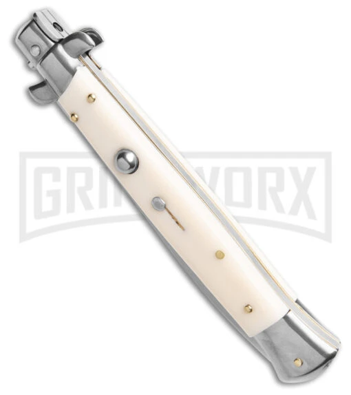 Frank B. 11" Italian Stilletto Sim Ivory Stiletto Automatic Knife - Satin Plain -AKC Knife Shop Frank B 11in Ivory Stiletto AK Dagger 5in Satin BHQ 187490 td spine large