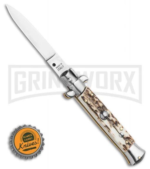 Frank B. 7.5" Italian Stiletto Stag Horn Automatic Knife - Flat Grind -AKC Knife Shop Frank B 7.5 Italian Stiletto Automatic Knife Stag Horn 3.5 Satin Flat Grind BHQ 118529 LS Bottlecap large