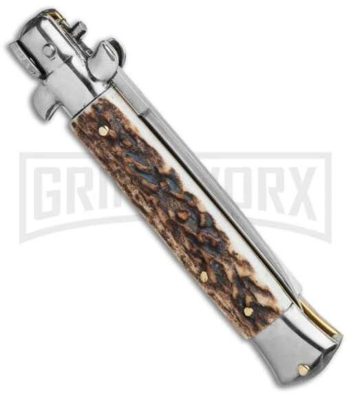 Frank B. 7.5" Italian Stiletto Stag Horn Automatic Knife - Flat Grind -AKC Knife Shop Frank B 7.5 Italian Stiletto Automatic Knife Stag Horn 3.5 Satin Flat Grind BHQ 118529 LS Side large