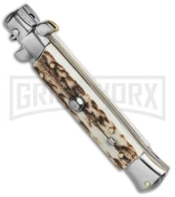 Frank B. 7.5" Italian Stiletto Stag Horn Automatic Knife - Flat Grind -AKC Knife Shop Frank B 7.5 Italian Stiletto Automatic Knife Stag Horn 3.5 Satin Flat Grind BHQ 118529 LS Spine large