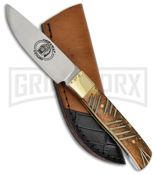 Frost Cutlery Chipaway Little Fox Brown Bone Fixed Blade Knife - Satin Plain -AKC Knife Shop Frost Cutlery Chipaway little fox brown satin BHQ 53641 er large