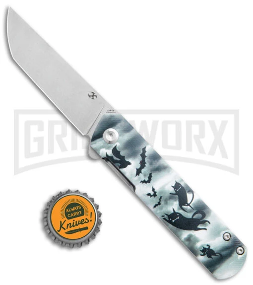 Kansept Knives Foosa G-10 W/ Bat/Cat Print Folding Knife - Stonewash Plain -AKC Knife Shop Kansept Knives Foosa Cat and Bat Satin BHQ 138086 jr bottlecap large