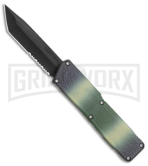 Lightning Camo D/A OTF Automatic Knife - Tanto Black Serr -AKC Knife Shop LIghtning Camo DA OTF Auto Tanto Black Serr GX 39052 jr large