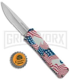 Lightning American Flag D/A OTF Automatic Knife - Satin Serr -AKC Knife Shop Lightning American Flag DA OTF Auto Satin Serr GX 33331 jr bottlecap large