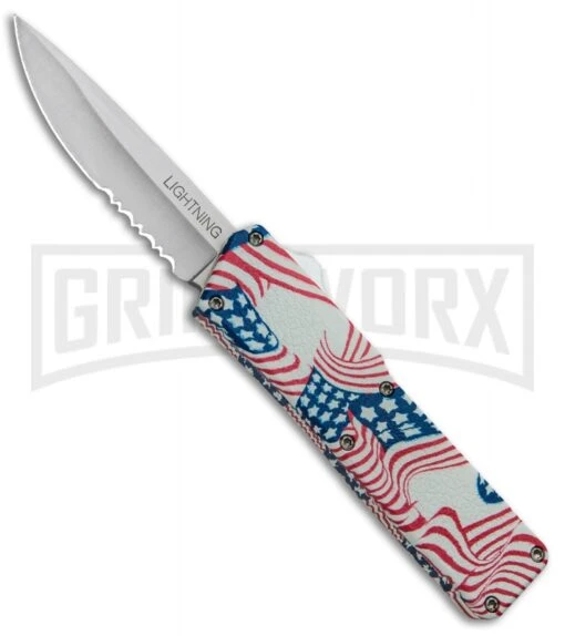 Lightning American Flag D/A OTF Automatic Knife - Satin Serr -AKC Knife Shop Lightning American Flag DA OTF Auto Satin Serr GX 33331 jr large