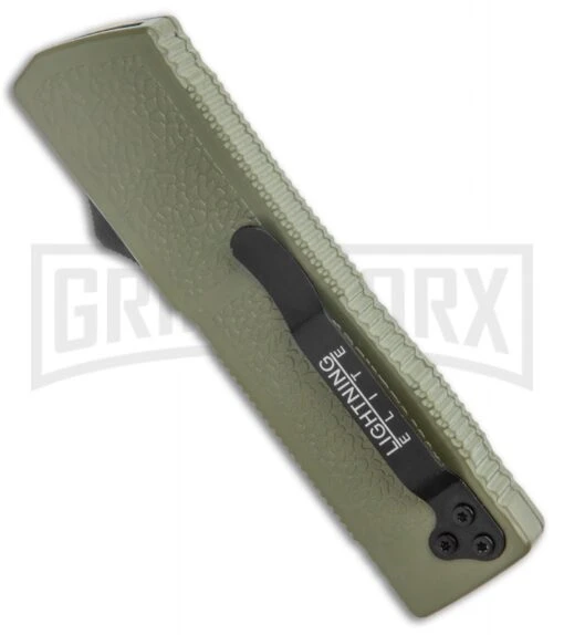 Lightning Elite OD Green D/A OTF Automatic Knife - Black Tanto Plain -AKC Knife Shop Lightning Elite OD Green DA OTF Auto Black Tanto GX 37667 jr side large