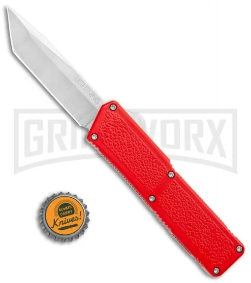 Lightning Red D/A OTF Automatic Knife - Tanto Satin -AKC Knife Shop Lightning Red DA OTF Auto Tanto Satin GX 34379 jr bottlecap large