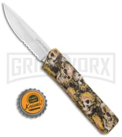 Lightning Skull Camo D/A OTF Automatic Knife - Satin Serr -AKC Knife Shop Lightning Skull DA DP OTF Auto Satin Serr GX 33339 jr bottlecap large