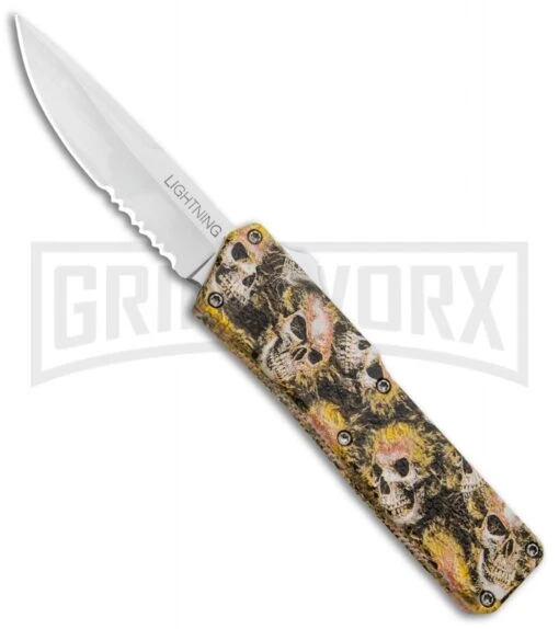 Lightning Skull Camo D/A OTF Automatic Knife - Satin Serr -AKC Knife Shop Lightning Skull DA DP OTF Auto Satin Serr GX 33339 jr large