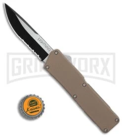 Lightning Tan D/A OTF Automatic Knife - Two-Tone Serr -AKC Knife Shop Lightning Tan DA OTF Auto TT Serr GX 31873 jr bottlecap large