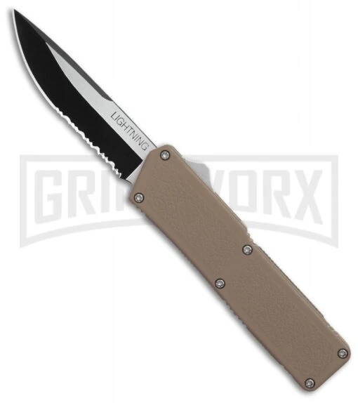 Lightning Tan D/A OTF Automatic Knife - Two-Tone Serr -AKC Knife Shop Lightning Tan DA OTF Auto TT Serr GX 31873 jr large