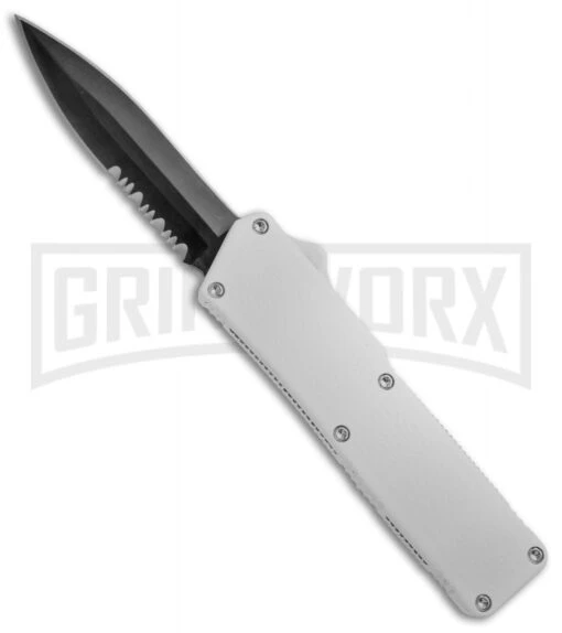 Lightning White D/A OTF Automatic Knife - Black Dagger Serr 4TH18 -AKC Knife Shop Lightning White Blk Dagg Serr BP 18951 jr large