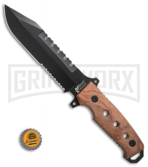 M-Tech Xtreme Stingray Wood Fixed Blade Knife - Black Serr -AKC Knife Shop M Tech Xtreme Stingray wood black serr BHQ 58228 er bottlecap large