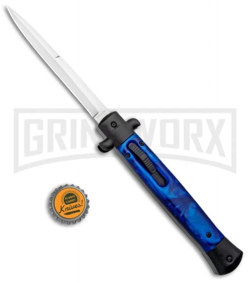 Mago 11" Blue/Black Italian Stiletto OTF Automatic Knife - Bayo Satin -AKC Knife Shop Mago 11in Blue Black Italian Stiletto Bayo Satin GX 33970 jr bottlecap large