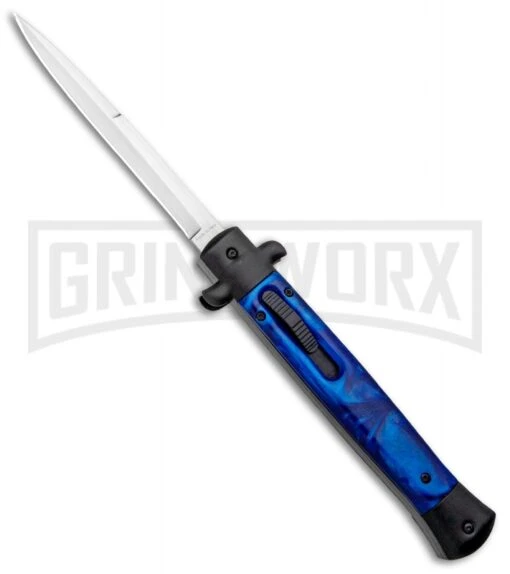 Mago 11" Blue/Black Italian Stiletto OTF Automatic Knife - Bayo Satin -AKC Knife Shop Mago 11in Blue Black Italian Stiletto Bayo Satin GX 33970 jr large