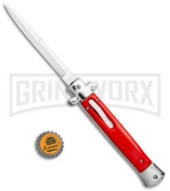 Mago 11" Bayonet Italian Stiletto OTF Knife Red W/Polished Bolster - Satin Plain -AKC Knife Shop Mago 11in Red Bayo Italian Stiletto OTF Auto Satin Silver Boster GX 36174 jr bottlecap large