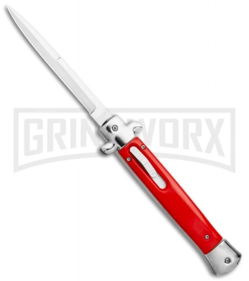 Mago 11" Bayonet Italian Stiletto OTF Knife Red W/Polished Bolster - Satin Plain -AKC Knife Shop Mago 11in Red Bayo Italian Stiletto OTF Auto Satin Silver Boster GX 36174 jr large