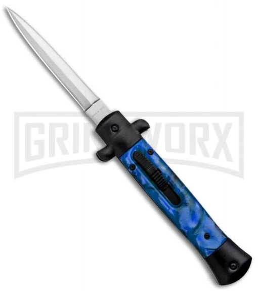 Mago 9" Blue Acrylic Italian Dagger OTF Automatic Knife Flat Grind -AKC Knife Shop Mago 9in Blue Marble Italian Dagger OTF Auto Black Satin GX 37085 jr large