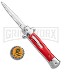 Mago 9" Red Italian Stiletto OTF Automatic - Dagger Satin Plain W/o Clip -AKC Knife Shop Mago 9in Red Stiletto OTF Auto Dagger Satin GX 38916 jr bottlecap large