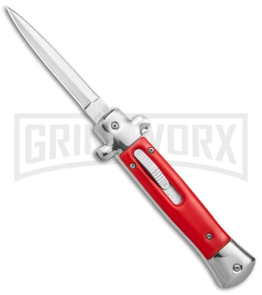 Mago 9" Red Italian Stiletto OTF Automatic - Dagger Satin Plain W/o Clip -AKC Knife Shop Mago 9in Red Stiletto OTF Auto Dagger Satin GX 38916 jr large