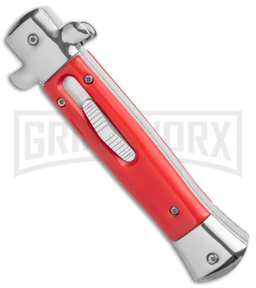 Mago 9" Red Italian Stiletto OTF Automatic - Dagger Satin Plain W/o Clip -AKC Knife Shop Mago 9in Red Stiletto OTF Auto Dagger Satin GX 38916 jr spine large