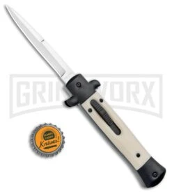 Mago 9" Sim Ivory Italian Stiletto OTF Auto Knife Black Bolsters (Satin Bayo) -AKC Knife Shop Mago 9in Sim Ivory Italian Stiletto OTF Black Bolsters Bayo Satin GX 33952 jr bottlecap large