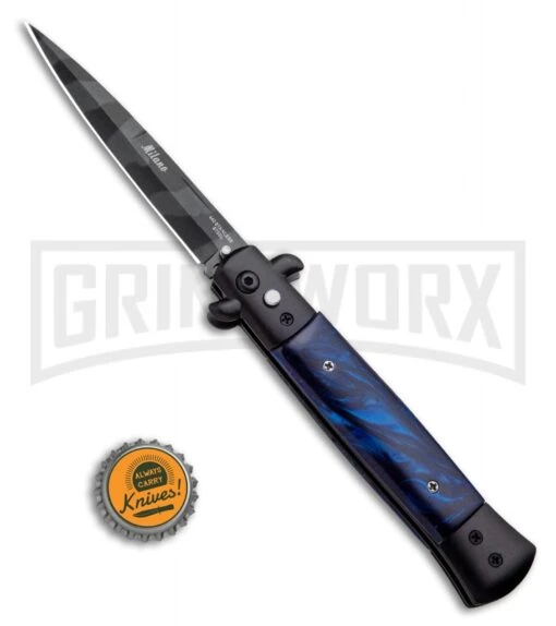 Milano 9" Stiletto Blue Acrylic Automatic Knife - Bayonet Zebra Stripe -AKC Knife Shop Milano 9 Stiletto Blue Acrylic Automatic Knife Bayonet Zebra GX 33719 ns bottlecap large