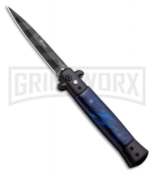 Milano 9" Stiletto Blue Acrylic Automatic Knife - Bayonet Zebra Stripe -AKC Knife Shop Milano 9 Stiletto Blue Acrylic Automatic Knife Bayonet Zebra GX 33719 ns large