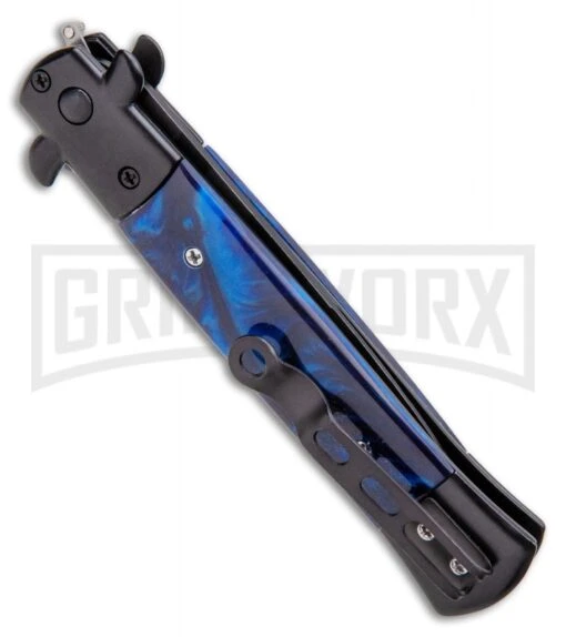 Milano 9" Stiletto Blue Acrylic Automatic Knife - Bayonet Zebra Stripe -AKC Knife Shop Milano 9 Stiletto Blue Acrylic Automatic Knife Bayonet Zebra GX 33719 ns side large