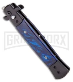 Milano 9" Stiletto Blue Acrylic Automatic Knife - Bayonet Zebra Stripe -AKC Knife Shop Milano 9 Stiletto Blue Acrylic Automatic Knife Bayonet Zebra GX 33719 ns spine large