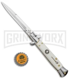 Milano 9" White Italian Style Automatic Knife - Bayonet Satin -AKC Knife Shop Milano 9in Italian Stiletto White Auto Bayo BP 8672 jr bottlecap large