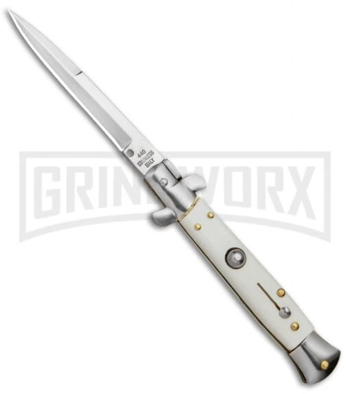 Milano 9" White Italian Style Automatic Knife - Bayonet Satin -AKC Knife Shop Milano 9in Italian Stiletto White Auto Bayo BP 8672 jr large