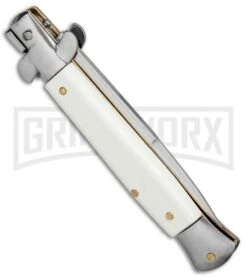 Milano 9" White Italian Style Automatic Knife - Bayonet Satin -AKC Knife Shop Milano 9in Italian Stiletto White Auto Bayo BP 8672 jr side large