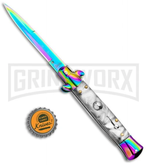 Milano 9" Italian Stiletto White Swirl Automatic Knife - Bayonet Spectrum -AKC Knife Shop Milano 9in Italian Stiletto White Swirl Auto Bayo Spectrum GSE019RBMWT GX 33537 jr bottlecap large