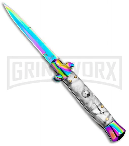 Milano 9" Italian Stiletto White Swirl Automatic Knife - Bayonet Spectrum -AKC Knife Shop Milano 9in Italian Stiletto White Swirl Auto Bayo Spectrum GSE019RBMWT GX 33537 jr large