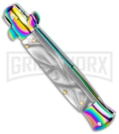 Milano 9" Italian Stiletto White Swirl Automatic Knife - Bayonet Spectrum -AKC Knife Shop Milano 9in Italian Stiletto White Swirl Auto Bayo Spectrum GSE019RBMWT GX 33537 jr side large