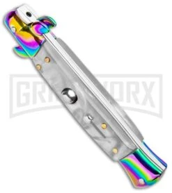 Milano 9" Italian Stiletto White Swirl Automatic Knife - Bayonet Spectrum -AKC Knife Shop Milano 9in Italian Stiletto White Swirl Auto Bayo Spectrum GSE019RBMWT GX 33537 jr spine large