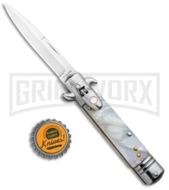 Milano 7.5" Lever Lock Automatic Knife White Marble - Bayonet Satin -AKC Knife Shop Milano LL Auto White Marble Bayo Satin GSE020MWT GX 33522 jr bottlecap large