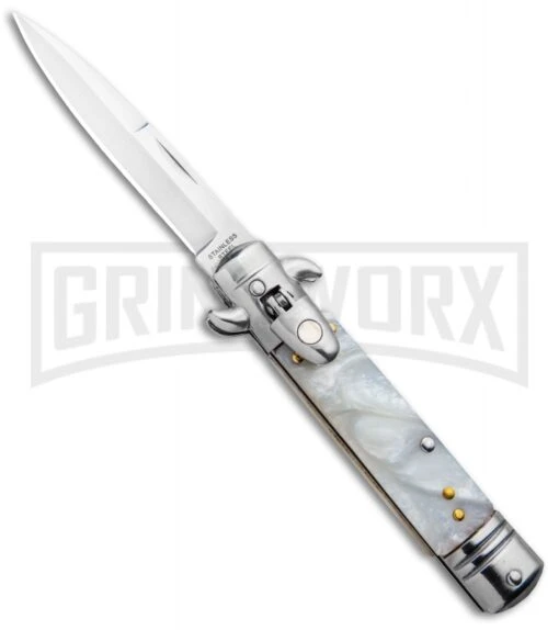 Milano 7.5" Lever Lock Automatic Knife White Marble - Bayonet Satin -AKC Knife Shop Milano LL Auto White Marble Bayo Satin GSE020MWT GX 33522 jr large