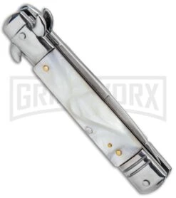 Milano 7.5" Lever Lock Automatic Knife White Marble - Bayonet Satin -AKC Knife Shop Milano LL Auto White Marble Bayo Satin GSE020MWT GX 33522 jr side large