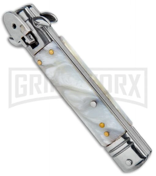 Milano 7.5" Lever Lock Automatic Knife White Marble - Bayonet Satin -AKC Knife Shop Milano LL Auto White Marble Bayo Satin GSE020MWT GX 33522 jr spine large